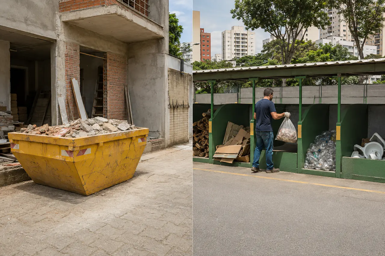 Comparação entre caçamba de obra e Estação de Coleta para pequenos volumes