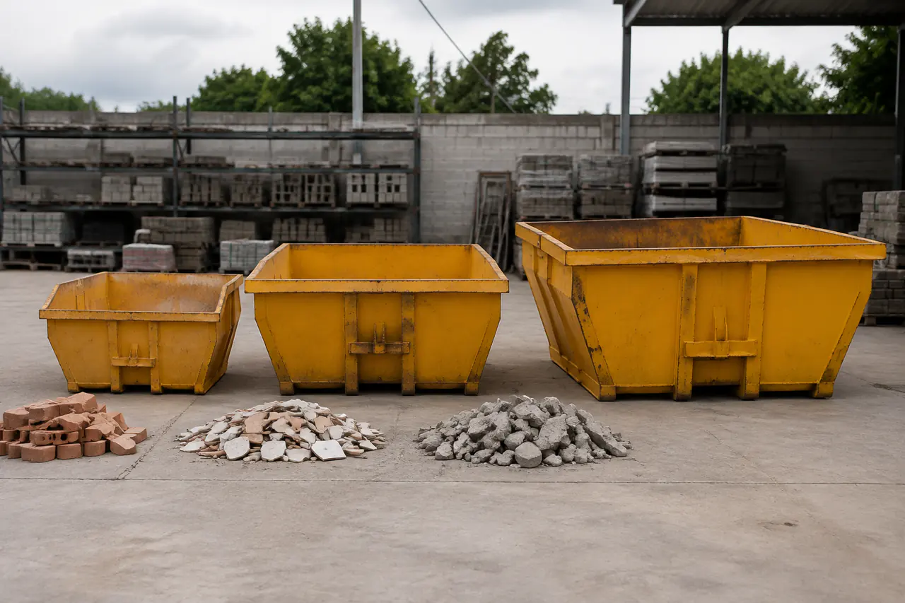 Três caçambas amarelas de tamanhos diferentes para obras e reformas